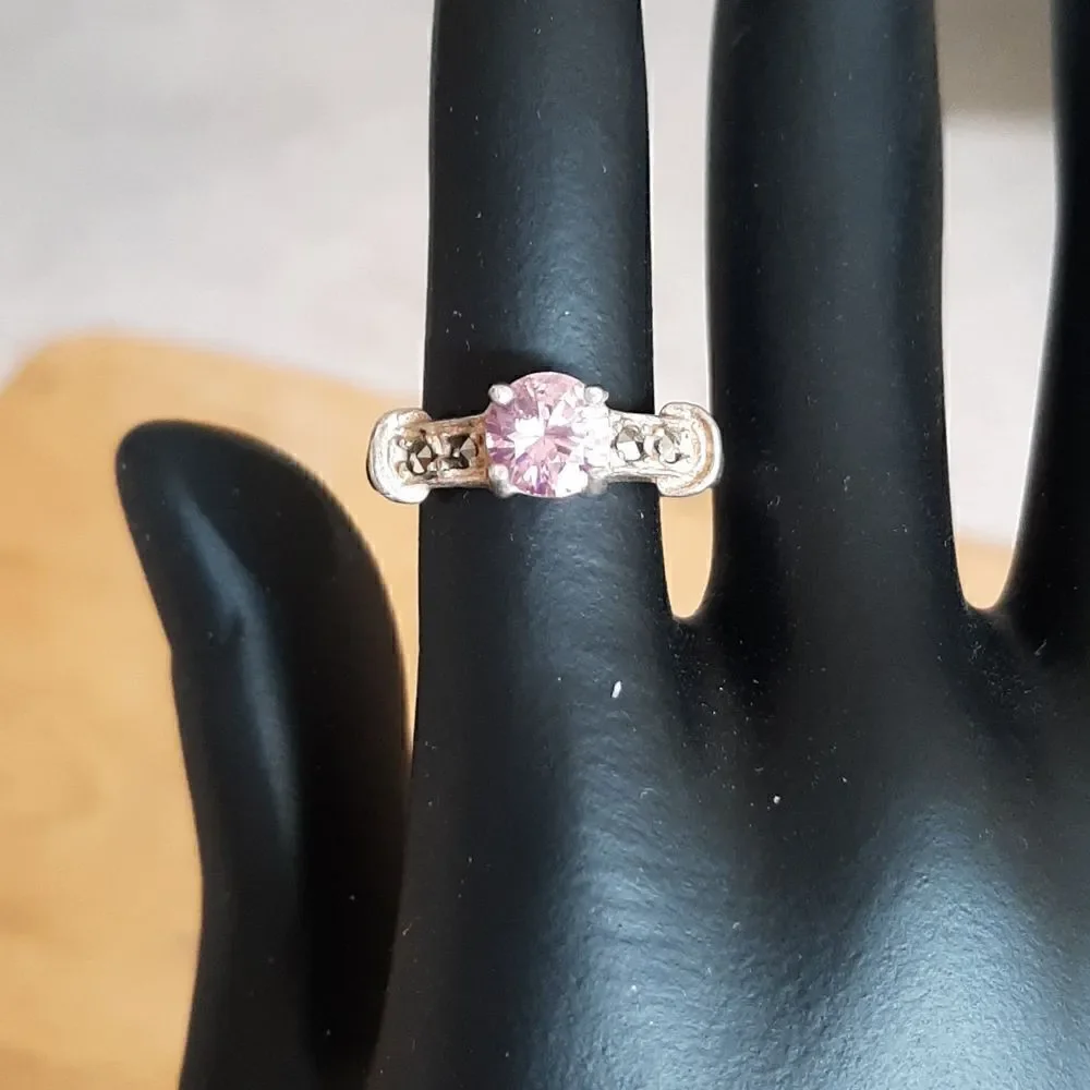 Sterling silver ring with pinkish glass stone and marcasite